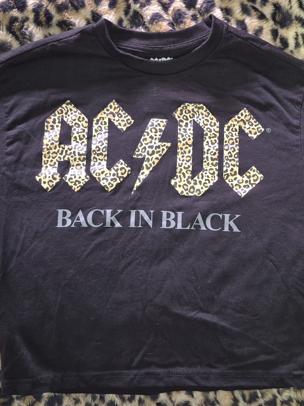 AC/DC Back In Black Leopard Logo Tee - Black Metal Studs Crop S